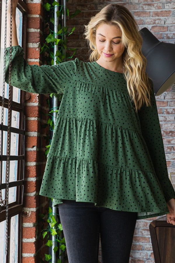 Long Puff Sleeve Polka Dot Tiered Top