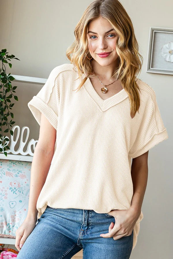 Solid Urban Ribbed Top- Cream