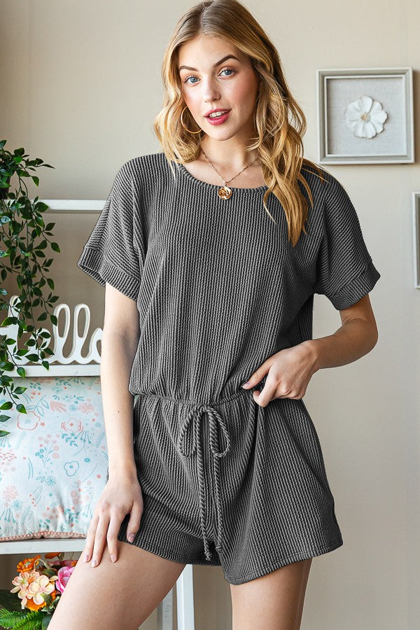 Solid Urban Ribbed Romper With Waist Band And Keyhole