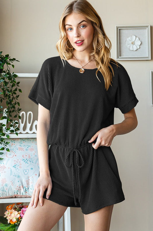 Solid Urban Ribbed Romper With Waist Band And Keyhole