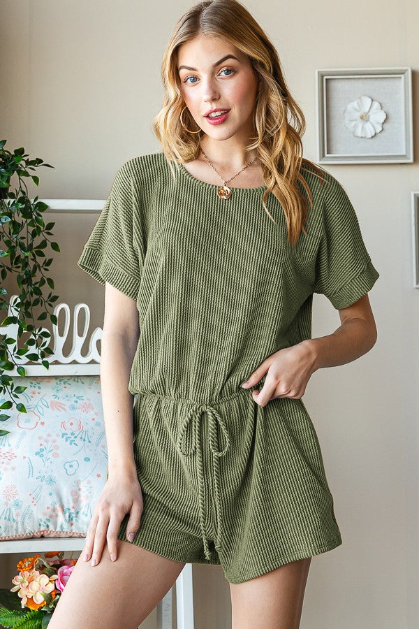 Solid Urban Ribbed Romper With Waist Band And Keyhole