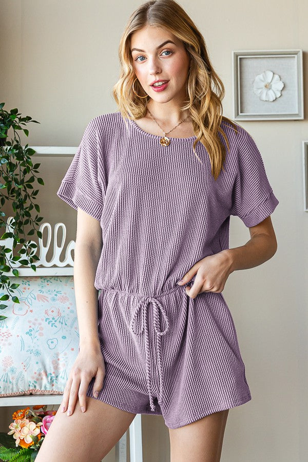 Solid Urban Ribbed Romper With Waist Band And Keyhole