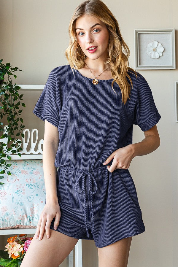 Solid Urban Ribbed Romper With Waist Band And Keyhole