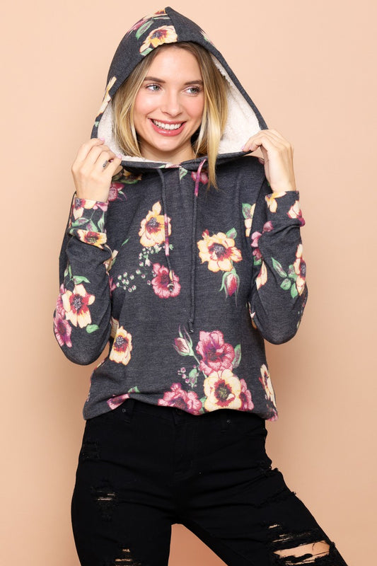 Floral Top With Faux Fur Lined Hood