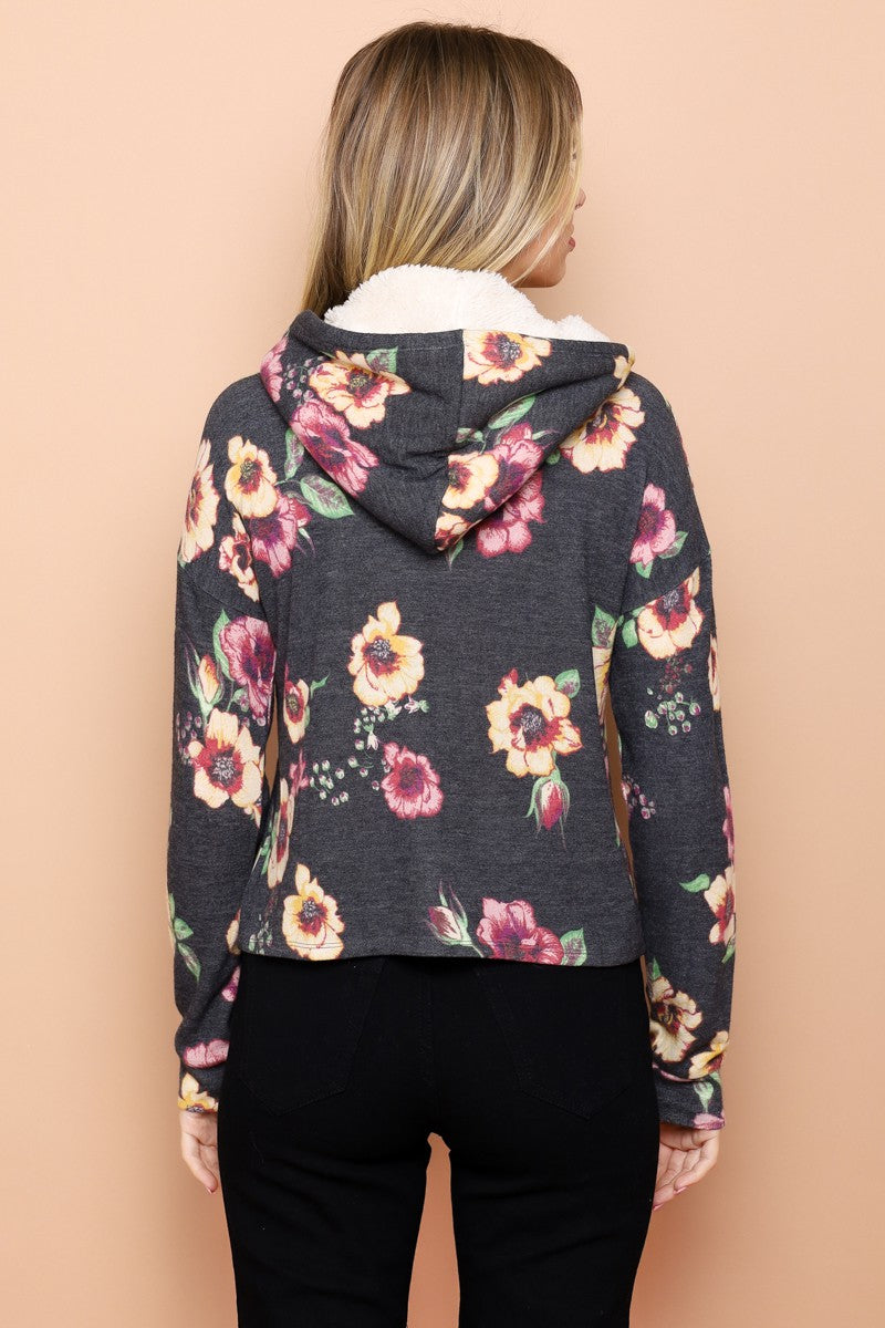 Floral Top With Faux Fur Lined Hood