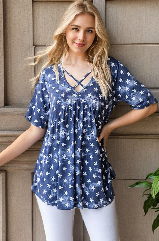 Short Sleeve Cirsscross Star Babydoll Top