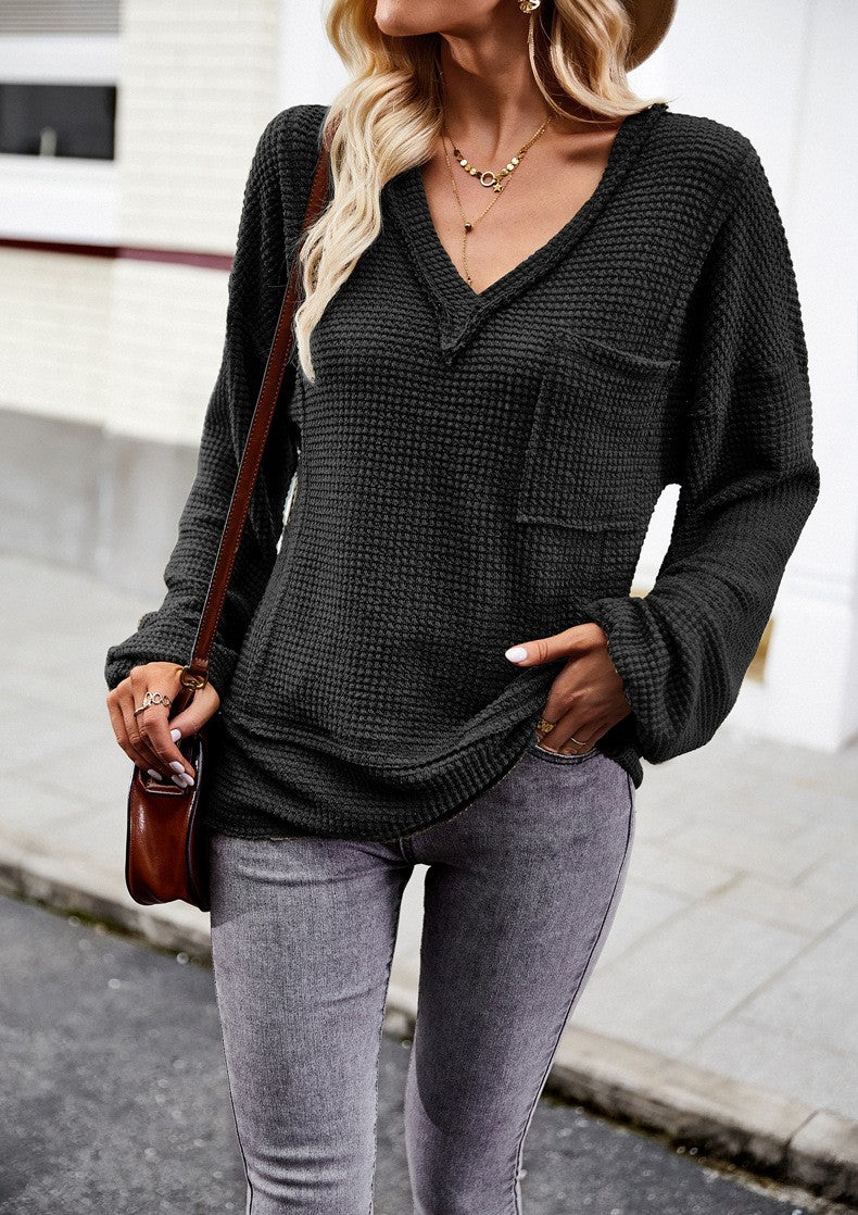 Womens Long Sleeve V Neck Loose Waffle Knit Tshirt