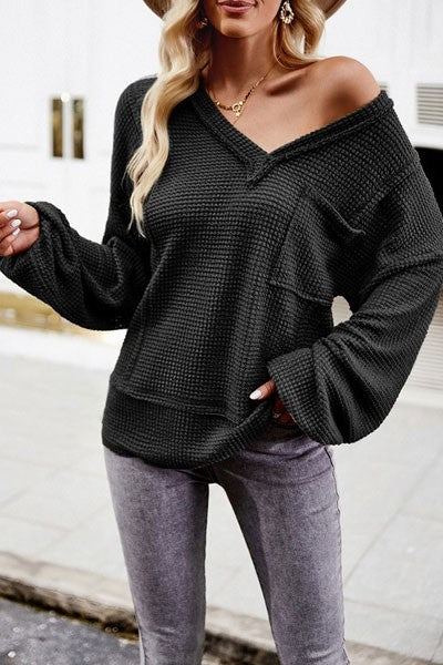 Womens Long Sleeve V Neck Loose Waffle Knit Tshirt