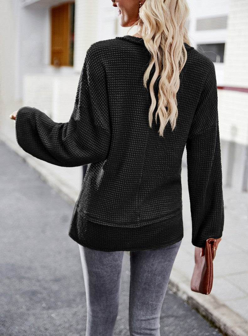Womens Long Sleeve V Neck Loose Waffle Knit Tshirt