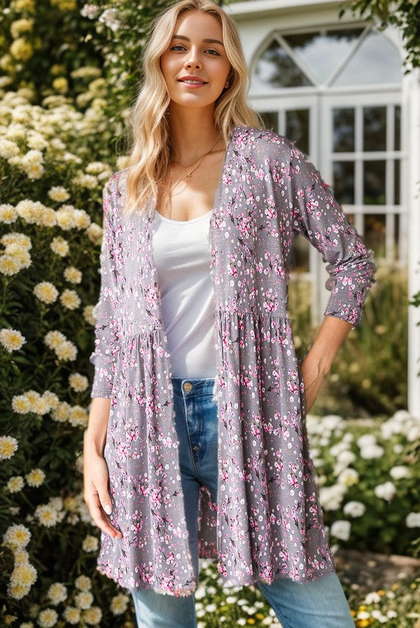 Floral Open Cardigan With Shirring