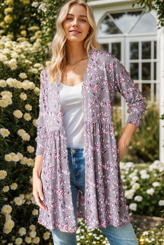 Floral Open Cardigan With Shirring
