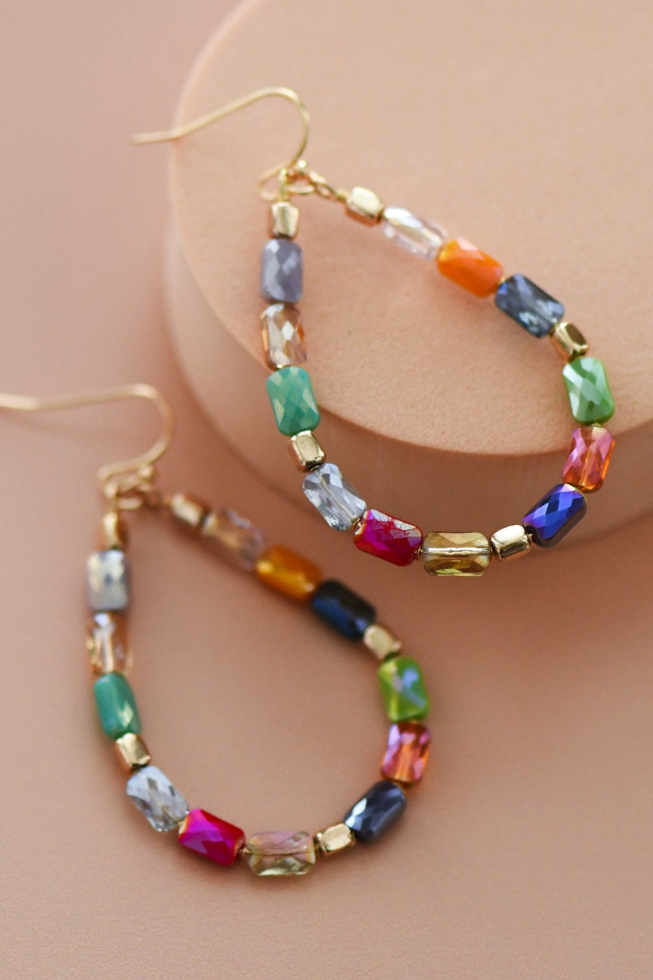 Teardrop Wire Beaded Glass Crystal Earrings