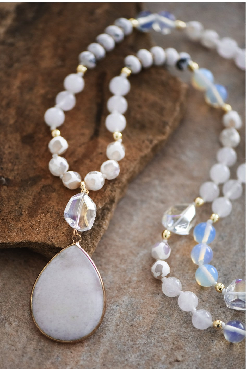 Stone Beaded Long Necklace, Large Stone Pendant