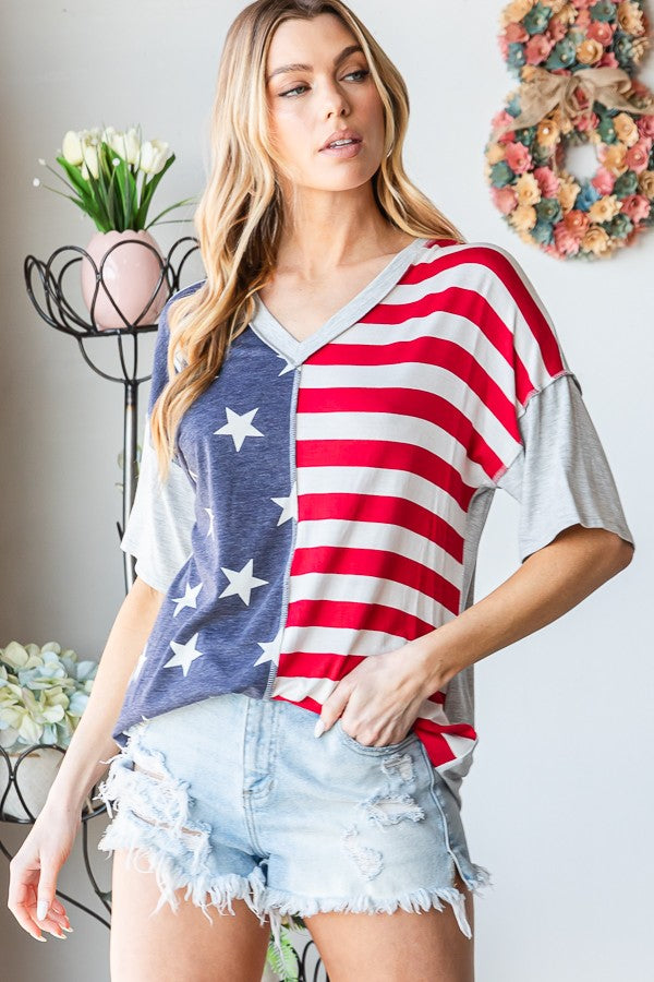 Short Sleeve Multi Color Flag Theme Print Top