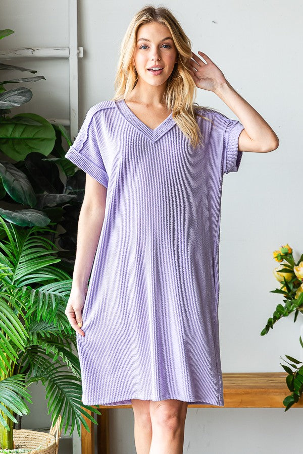 Dolman Short Sleeve Solid Urban Ribbed Mini Dress W/ Pockets