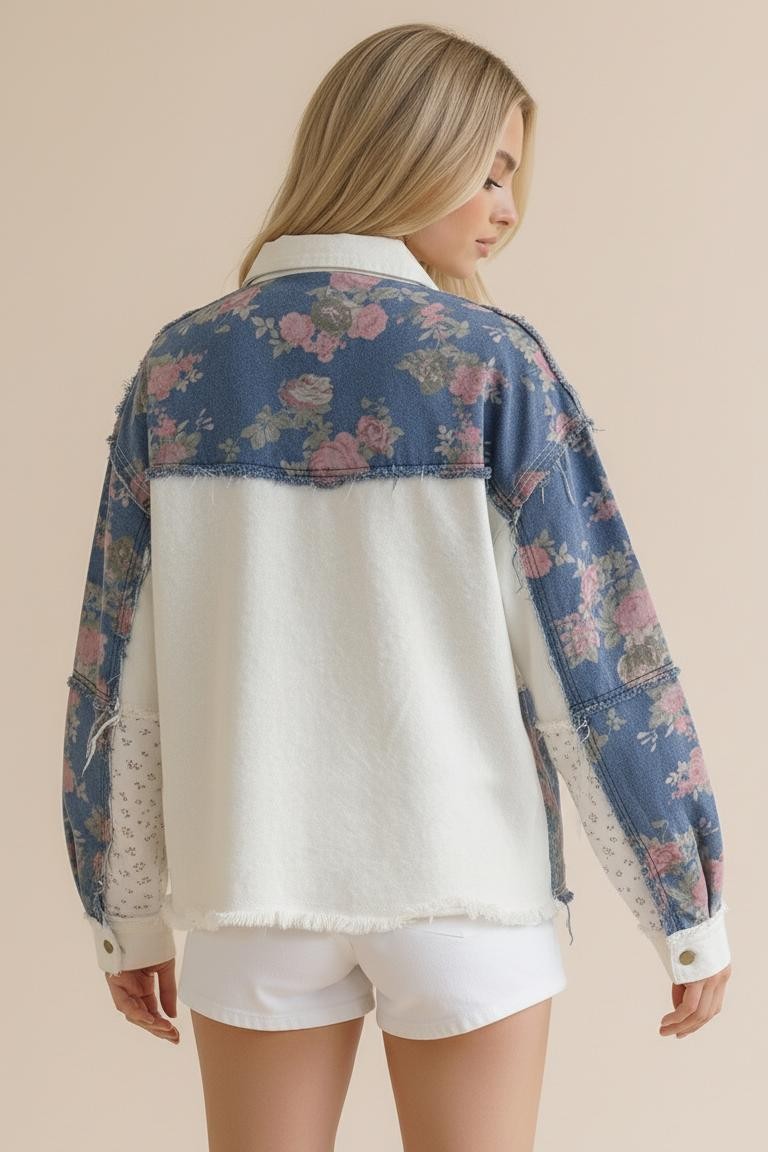 Washed Floral Color Block Denim Jacket