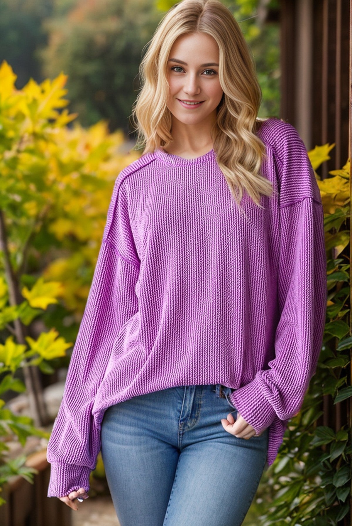 Long Puff Sleeve Solid Urban Ribbed Top