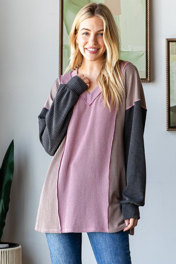 Puff Sleeve Solid Urban Ribbed Color Block Top