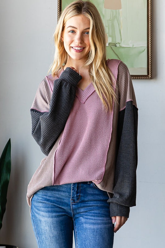 Puff Sleeve Solid Urban Ribbed Color Block Top
