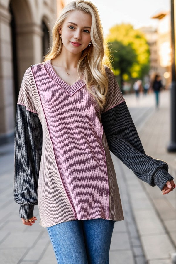 Puff Sleeve Solid Urban Ribbed Color Block Top
