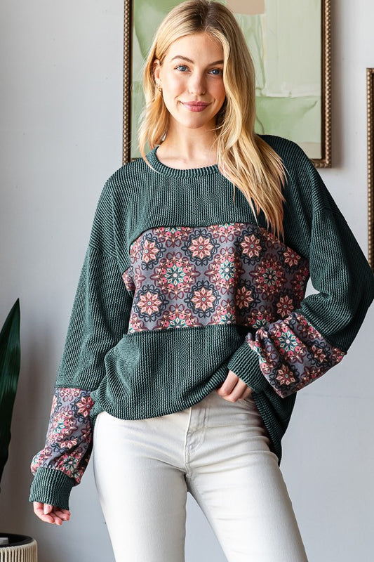 Puff Sleeve Urban Ribbed And Floral Top