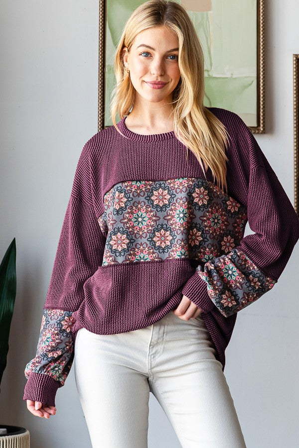 Puff Sleeve Urban Ribbed And Floral Top