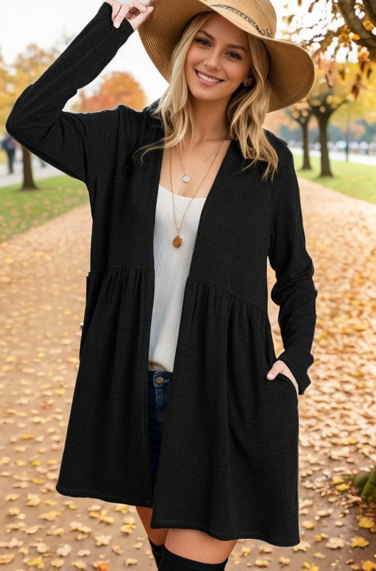 Solid Ruffled Open Cardigan With Pocket