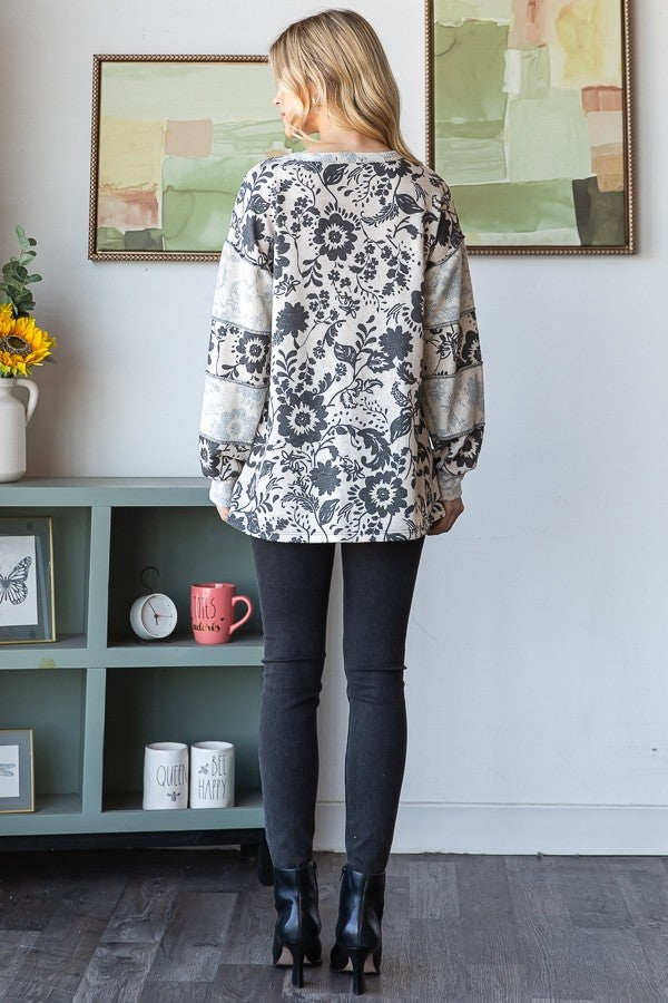 Long Sleeve Print Reverse Contrast Top