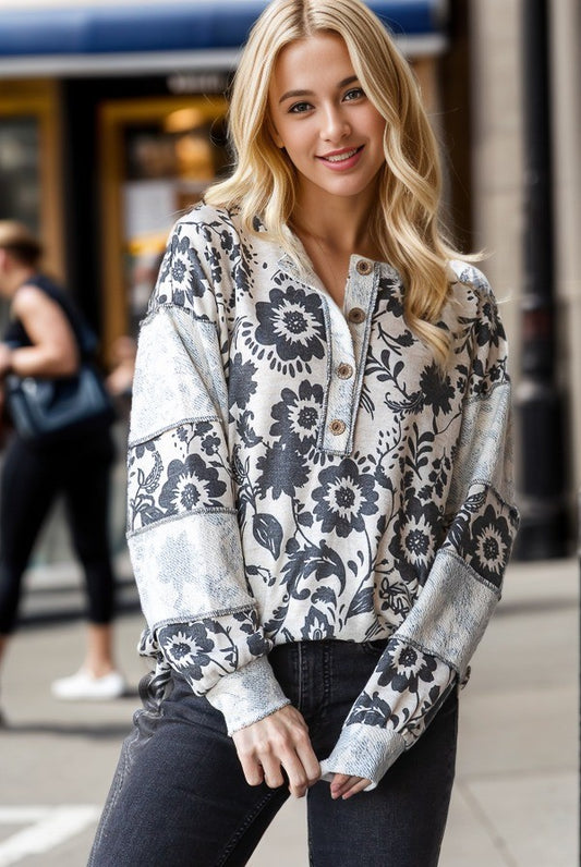 Long Sleeve Print Reverse Contrast Top