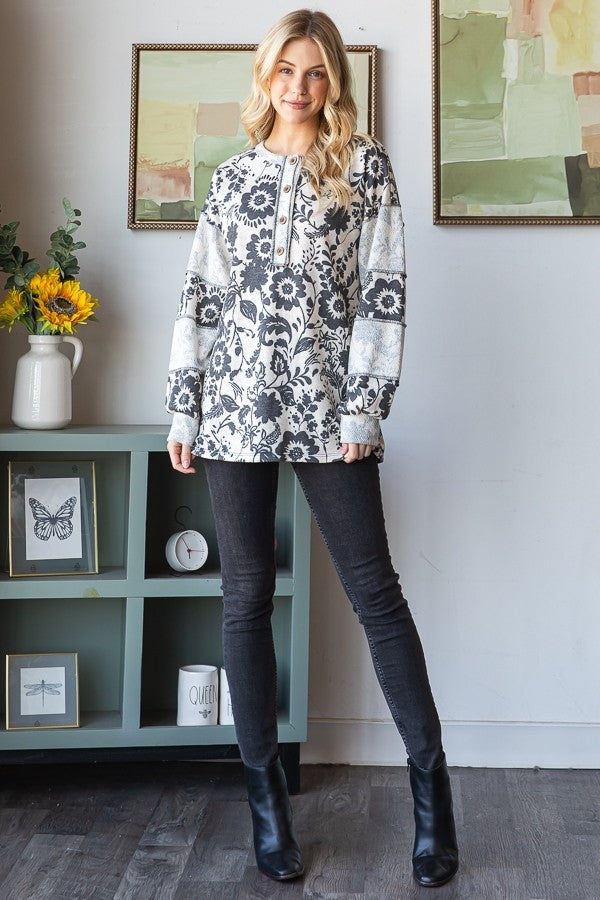 Long Sleeve Print Reverse Contrast Top