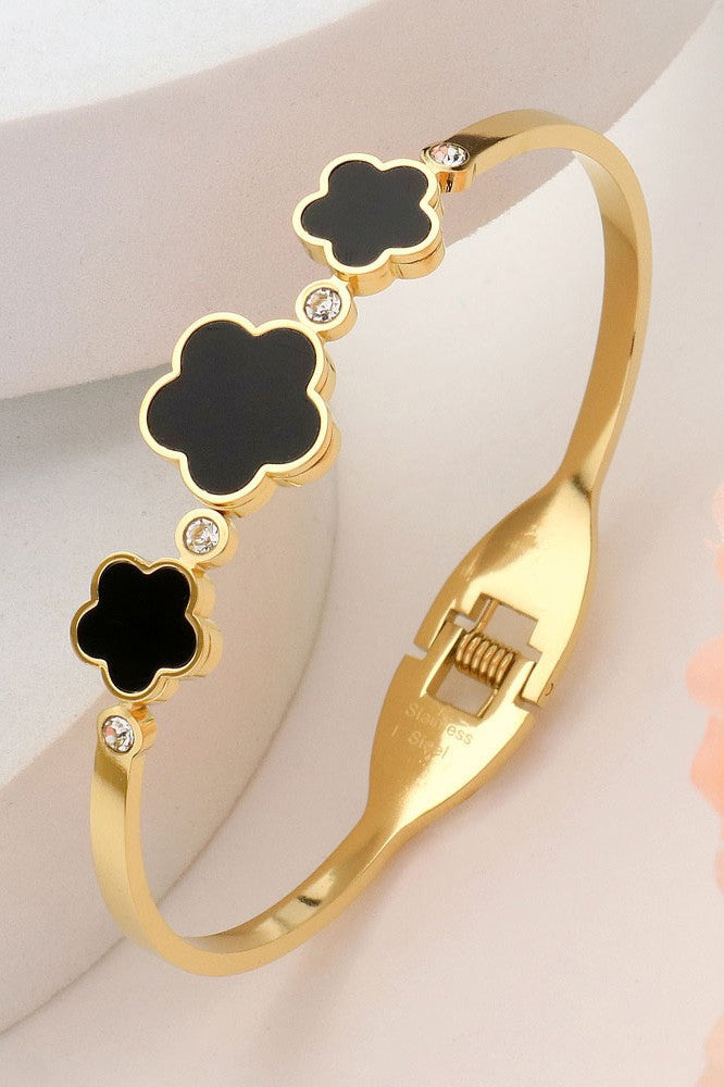 Stainless Steel Quatrefoil Stone Bangel Bracelet