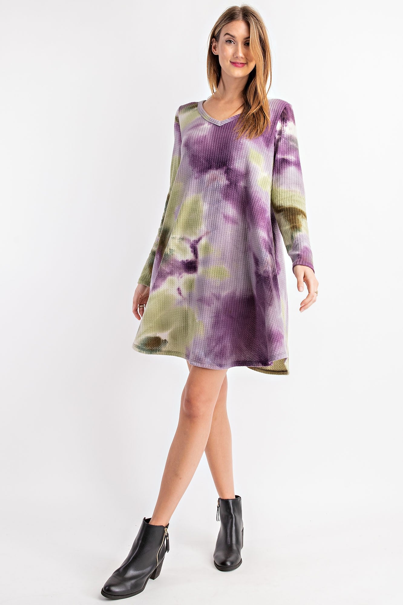 Tie Dye Print Waffle Long Sleeve Dress