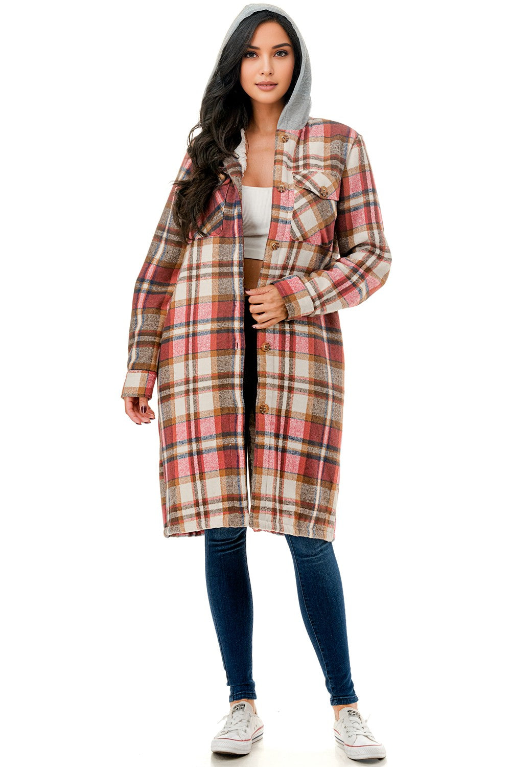 Fur Lined Long Plaid Flannel Shirt Jacket