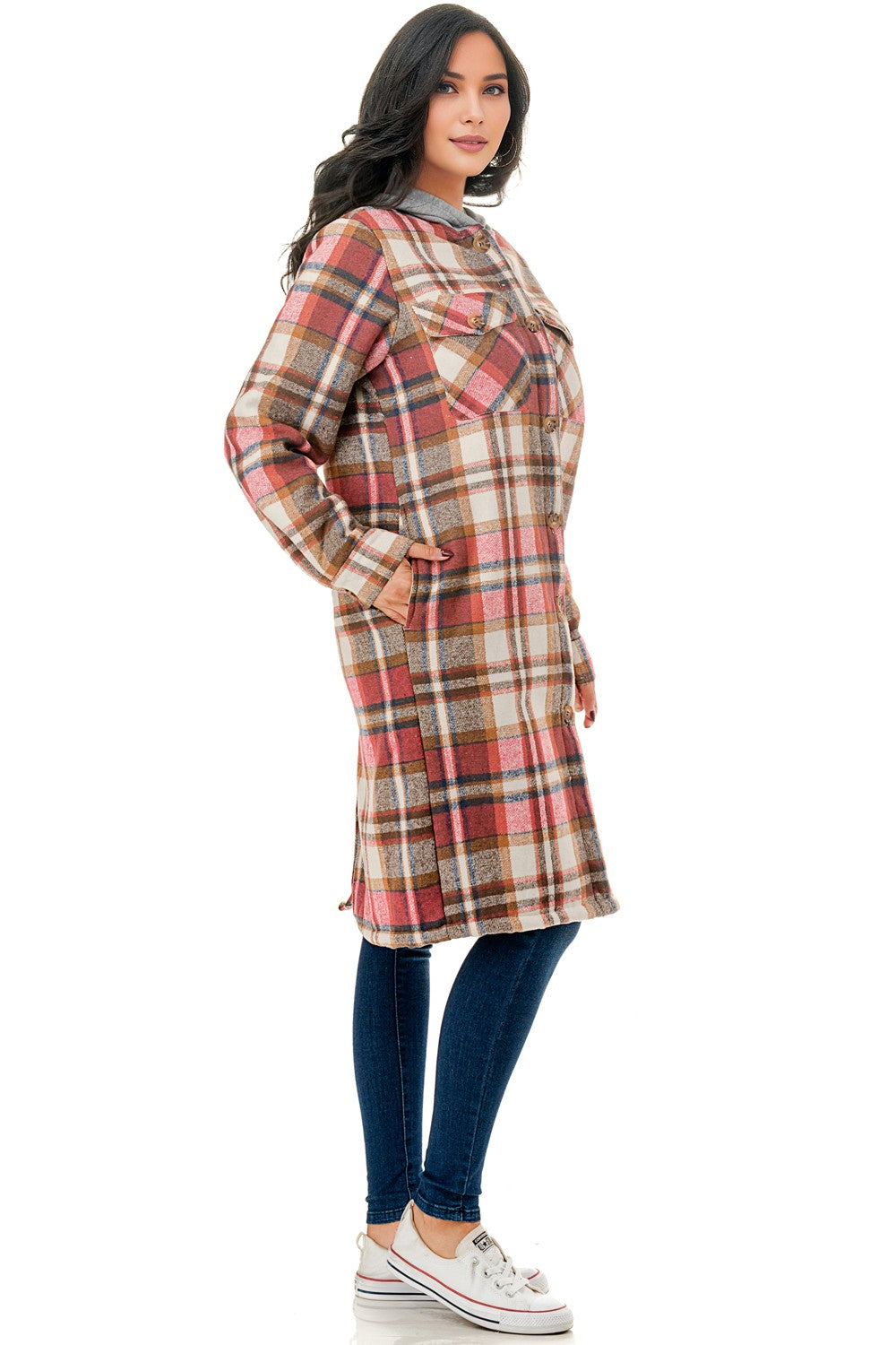 Fur Lined Long Plaid Flannel Shirt Jacket