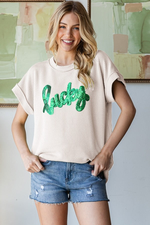 Short Sleeve Solid Urban Rib Top With Lucky Patch