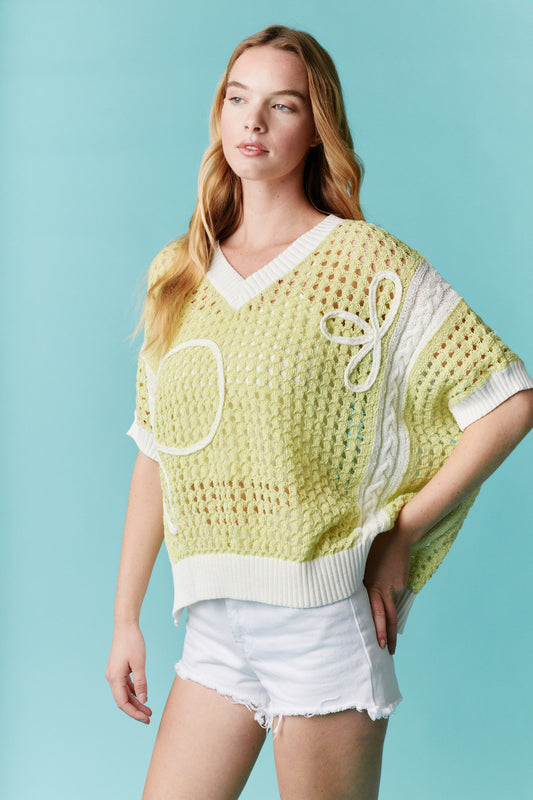 V Neck Flower 3d Threaded Thin Sweater