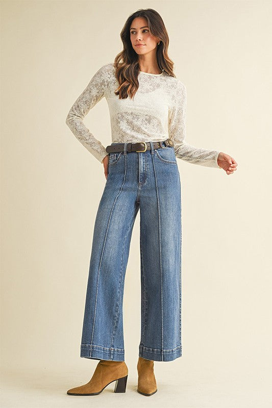 Stretch High Rise Pin Tuck Detail Wide Leg Jean