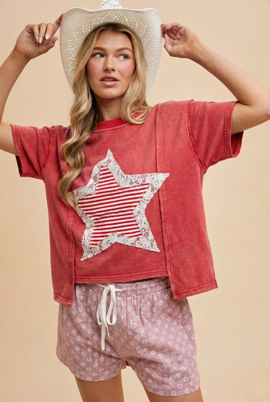 Mineral Washed Usa Stripe Star Lace Patch Knit Top