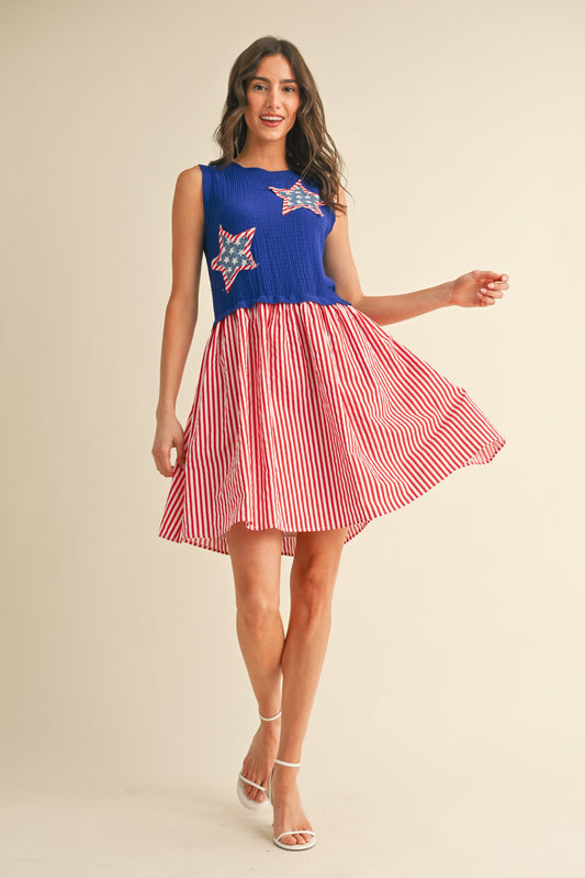 Multi Star Patch Mix Media Mini Dress