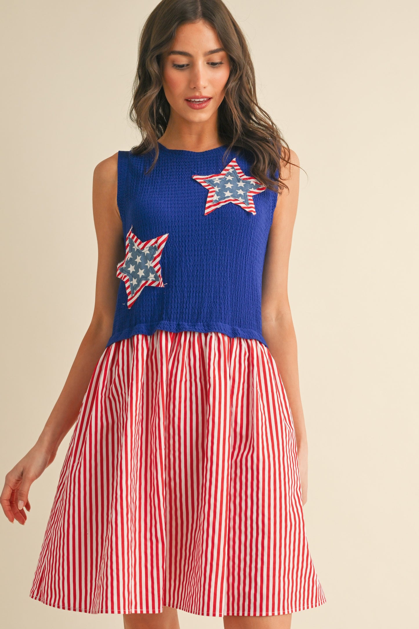 Multi Star Patch Mix Media Mini Dress