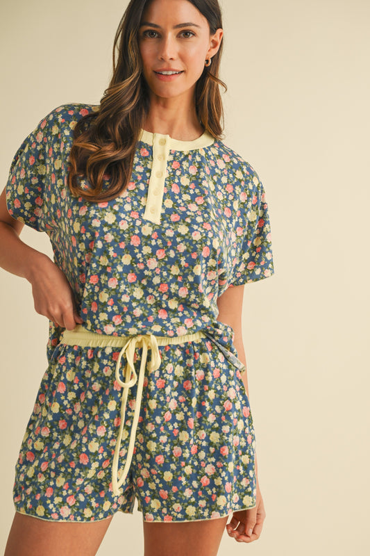 Floral Printed Jersey Lounge Wear Top & Shorts Set