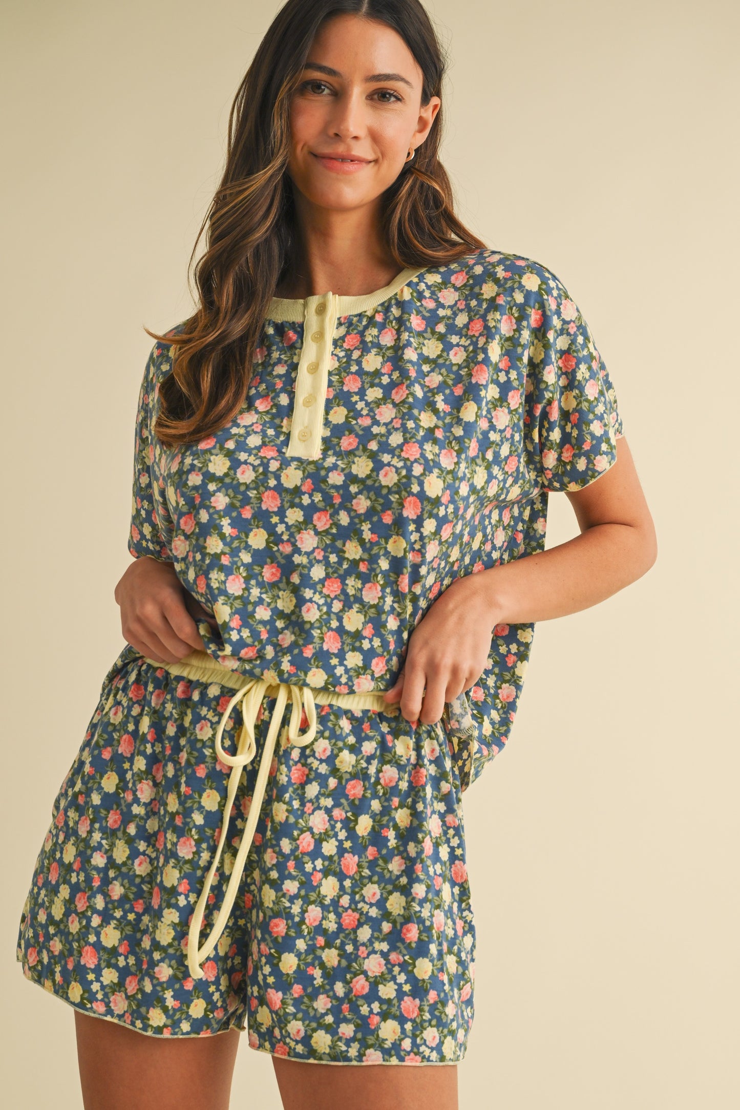 Floral Printed Jersey Lounge Wear Top & Shorts Set
