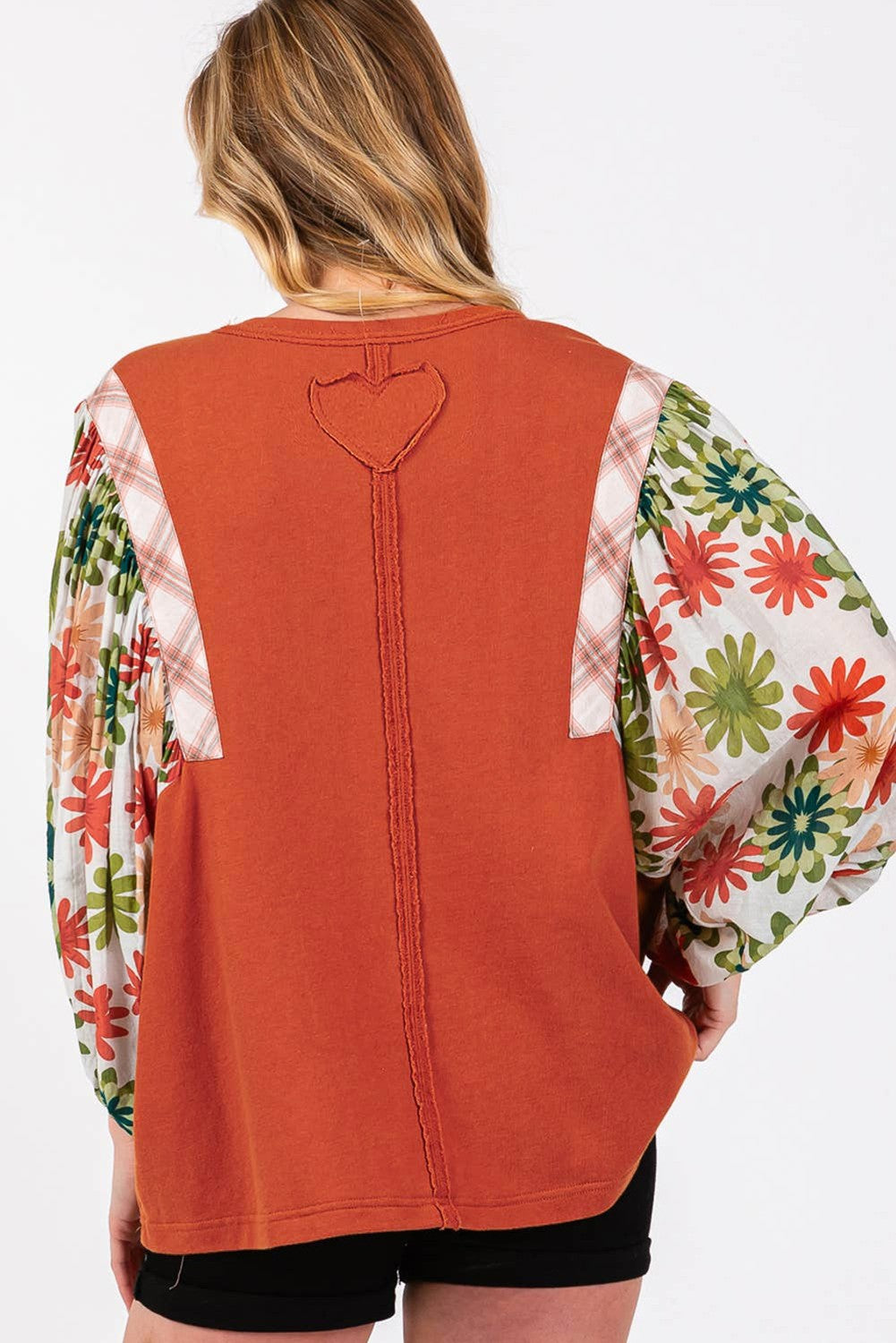 Floral Puff Sleeve Patchwork Round Neck Blouse