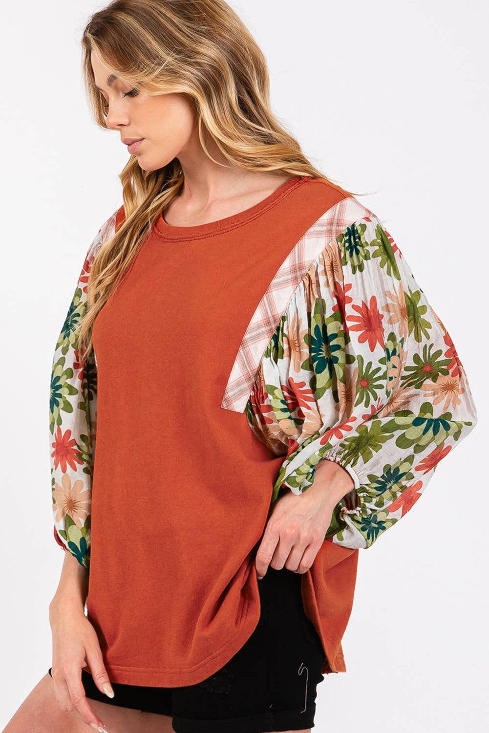 Floral Puff Sleeve Patchwork Round Neck Blouse