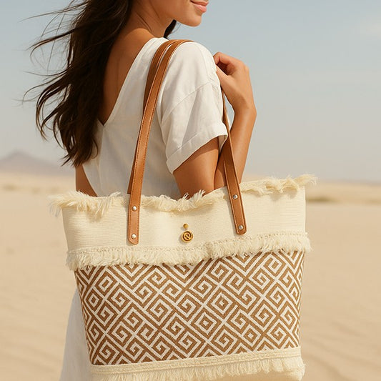 Via Fiore Beige Brown Geometric Tote Tassels