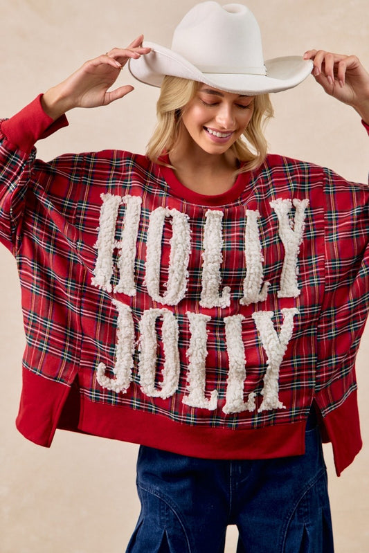Holly Jolly Christmas Plaid Oversized Sweatshirt