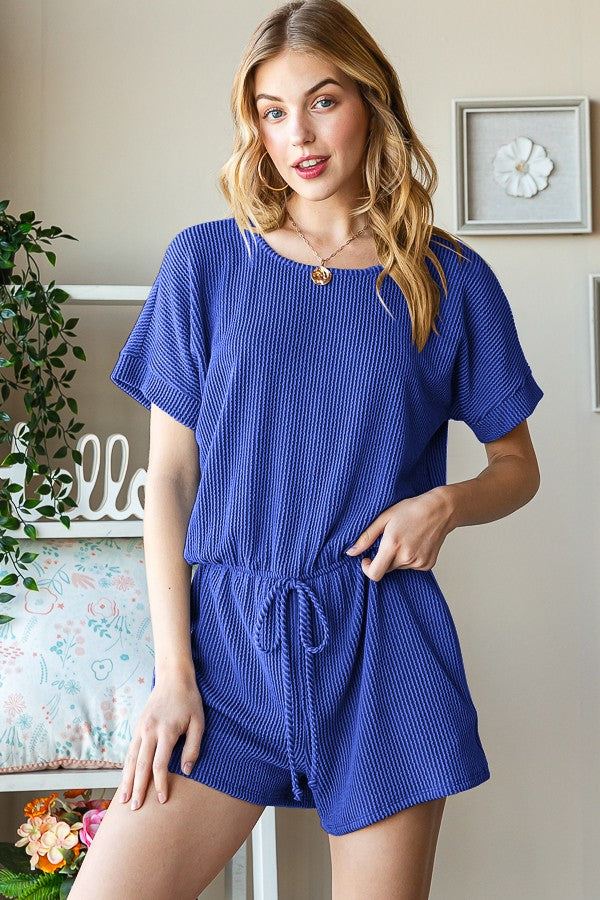 Solid Urban Ribbed Romper With Waist Band And Keyhole