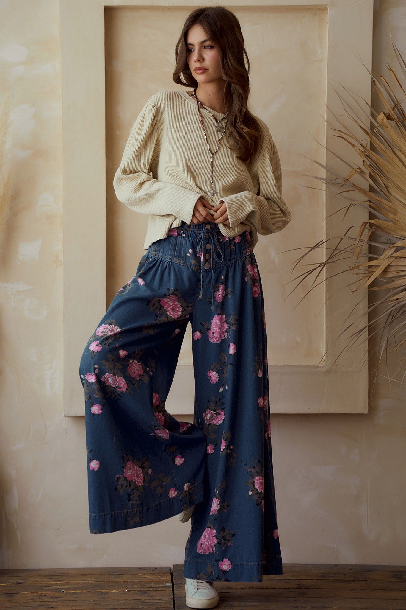 Rose Denim Elastic Waist Wide Leg Pants