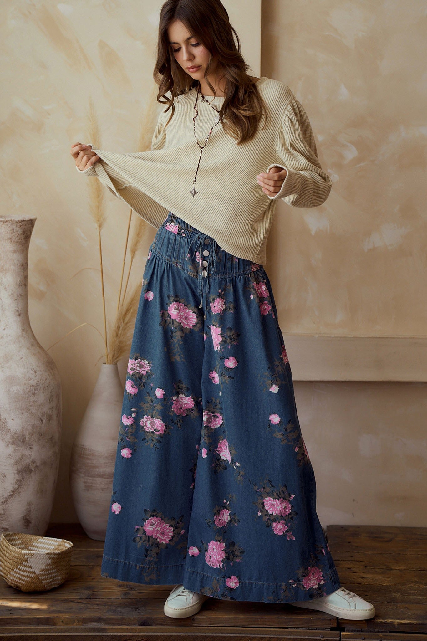 Rose Denim Elastic Waist Wide Leg Pants
