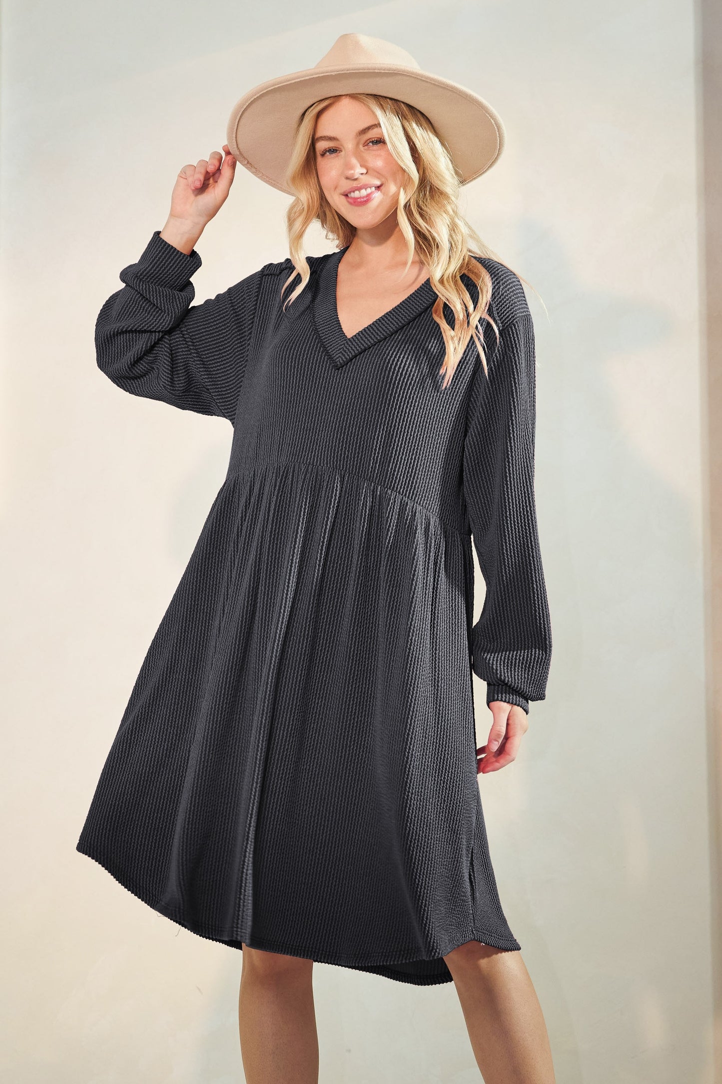 Long Puff Sleeve Solid Urban Rib Baby Doll Dress